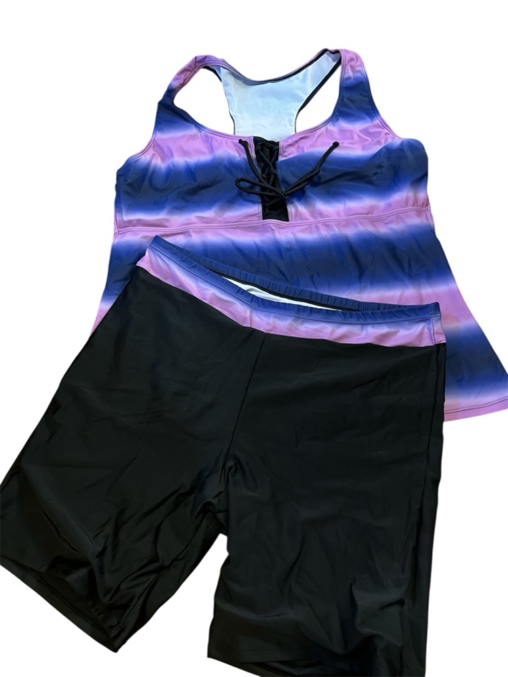 Purple Ombre Tankini Swim Coverup with Black Swim Shorts
